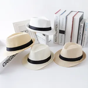 Summer Parent-Child Jazz Fedora Straw Hat For Boys Girls Men Women Breathable Sun Protection Paper Straw Beach Hat With Black Ribbon