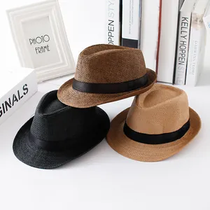 Classic children's straw fedora jazz hats for summer sun protection in multiple colors