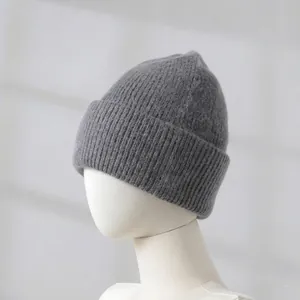Detailed macro view showing the fuzzy texture of a gray rabbit hair winter knit beanie.