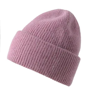 Soft pink rabbit hair knitted beanie for women, warm winter thickened cuff beanie hat