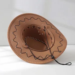Detailed macro view of a brown western cowboy hat with unique black zigzag stitching.