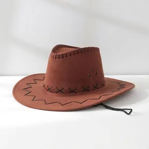 Detailed view of brown suede cowboy hat with decorative black stitching and chin strap