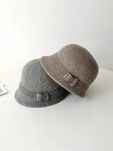 Elegant vintage wool felt bucket hats in grey and brown with rhinestone buckle detail
