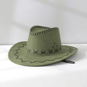 Macro view of a forest green suede cowboy hat featuring intricate black stitching details