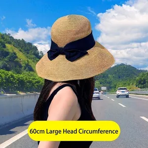 Women Large Brim Straw Hat UV Protection Foldable Summer Beach Sun Hat For Large Head Circumference Ribbon Bowknot Floppy Cap