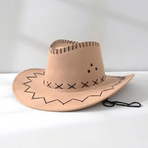 Close-up of black decorative stitching details on a khaki felt western cowboy hat.