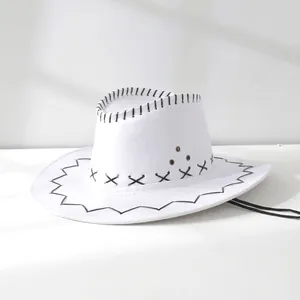 Classic white western cowboy hat with decorative black stitching and adjustable chin cord.