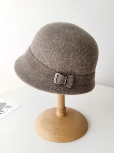 Elegant vintage French style brown wool felt cloche hat with rhinestone buckle detail