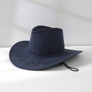 Close-up view of navy blue Western cowboy hat featuring decorative zigzag stitching