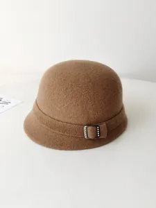 Elegant retro wool felt cloche hat for women featuring a sparkling rhinestone buckle detail
