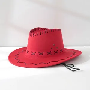 Detail view showing a red western cowboy hat with black stitched edges and chin strap