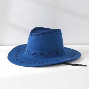 Classic blue western cowboy hat with decorative black stitching details