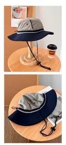 Close-up views of a breathable wide-brim bucket hat with an adjustable chin strap for outdoors