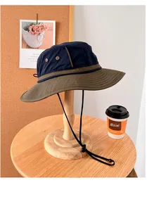 Outdoor men's bucket hat with large brim and windproof cord for sun protection