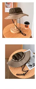 Detailed view of wide brim sun hat with adjustable strap and breathable vents.