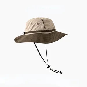 Outdoor wide brim sun protection bucket hat for men featuring an adjustable chin strap