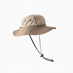 Breathable khaki wide brim sun protection bucket hat for men's summer outdoor sports