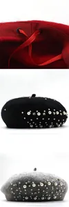Detailed view of pearl and rhinestone embellishments on autumn knitted wool berets.