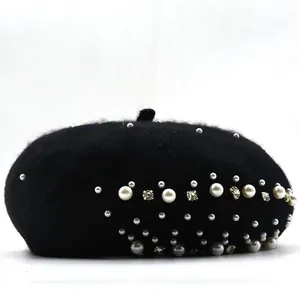 Women Vintage Wool Blend Beret Hat Artificial Pearl Rhinestone Warm Winter Elegant French Artist Cap Accessory
