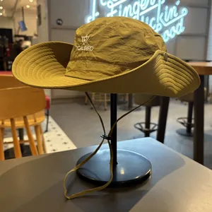 Premium khaki outdoor hiking hat with wide brim, adjustable chin strap and embroidery detail
