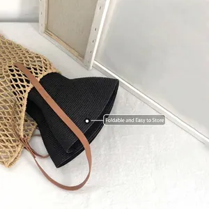 Chic vintage black wide-brimmed foldable straw sun hat for women summer beach travel