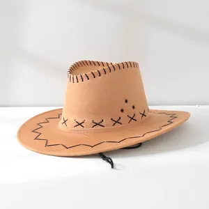 Side view of a tan Western cowboy hat with black decorative stitching and wide brim
