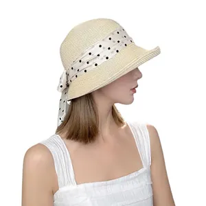 Elegante cappello da sole in paglia da donna con fiocco a pois in stile francese