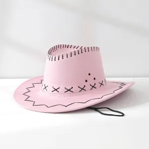 Pink western cowboy hat with decorative black stitching and wide brim detail