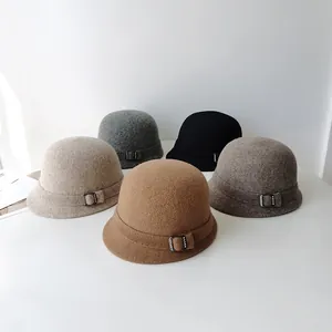 French Retro Wool Blend Cloche Hat For Women Autumn Winter Elegant Hepburn Style Bucket Hat With Rhinestone Buckle