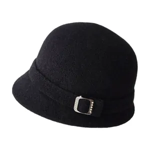 Elegant black wool felt cloche bucket hat for women featuring a vintage rhinestone buckle