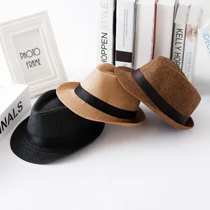 Classic summer straw fedora hats for kids available in black, tan and dark brown.
