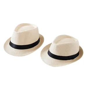 Classic parent-child straw fedora hats with black ribbons for summer sun protection