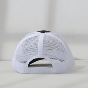Close-up back view of a white mesh trucker baseball cap with adjustable snapback closure