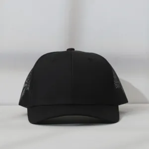 Detailed front view of a premium black mesh baseball cap with breathable back panels