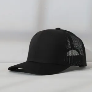 Side detail of a blank black mesh trucker hat with a curved brim for sun protection