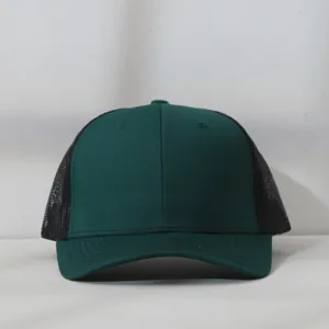 Detailed front view of a dark green and black mesh trucker hat with curved brim.