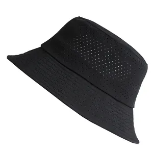 Detailed close-up view of a black breathable mesh sun bucket hat with quick-dry fabric material