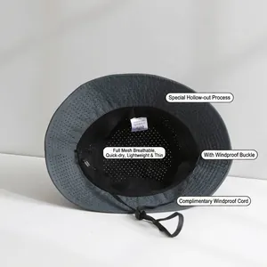 Breathable mesh bucket hat with quick-dry fabric and windproof strap