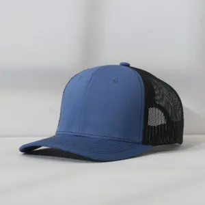 Side view detail of a classic blue and black mesh trucker baseball cap for sunshade