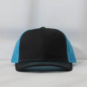 Black and blue mesh trucker hat with contrast stitching detail on the brim
