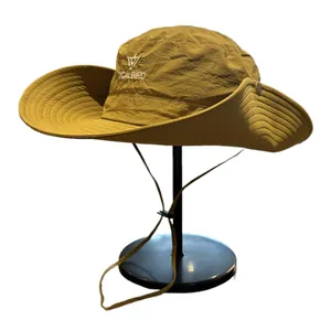 Men's khaki outdoor sun hat for fishing and hiking with embroidered logo and chin strap