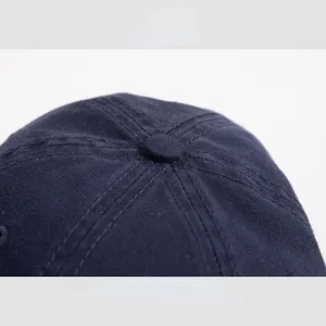 Détail en gros plan du bouton supérieur et des coutures d'une casquette de baseball bleue.