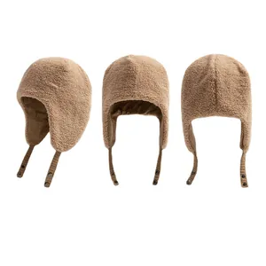 Winter warm brown lamb wool aviator hat with ear flaps, shown from multiple angles