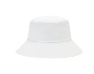 Front view macro detail of a classic minimalist white wide-brim canvas sun bucket hat