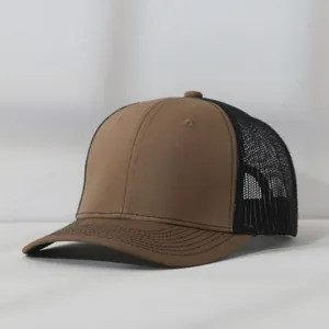 Side profile detail view of a premium brown and black mesh trucker hat with curved brim