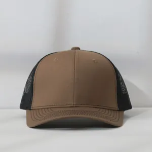 Front view of a two-tone brown and black breathable mesh sunshade trucker baseball cap