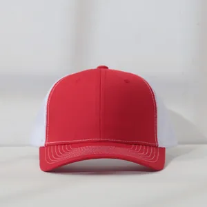 Red and white mesh back trucker baseball cap with curved brim and stitching detail