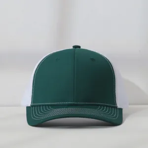 Front view of a green and white two-tone mesh trucker baseball cap for sun protection