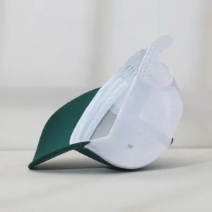 Detail of two-tone mesh baseball cap showing white breathable mesh and adjustable strap