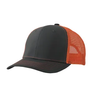 Premium two-tone mesh trucker baseball cap featuring dark grey front and orange mesh back